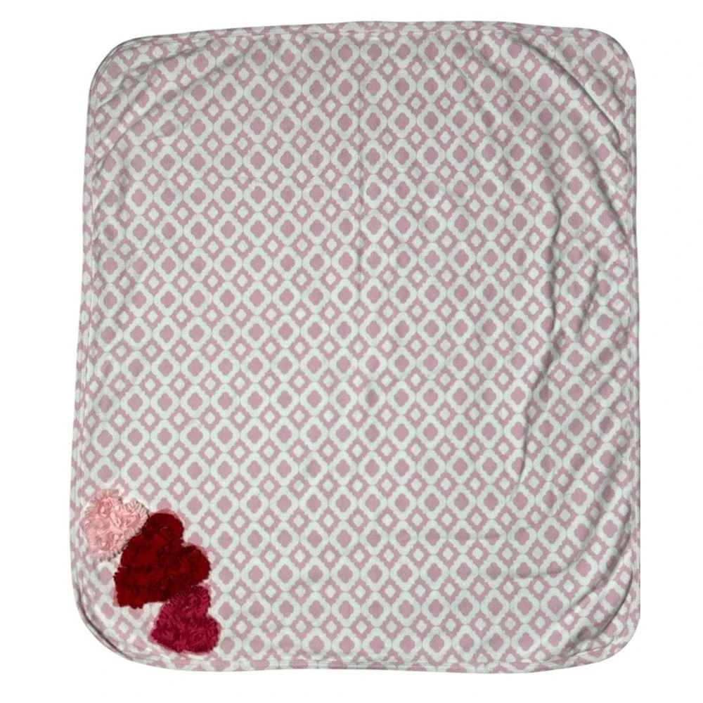 Haute Baby Girls Pink White 100% Cotton Recieving Blanket‎ Lovey 3D Hearts 27x24